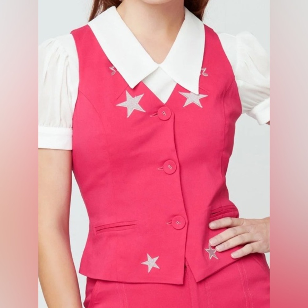 Unique Vintage 1970s Pink & Glitter Star Button Up Vest New with Tags Medium 6/8 - Picture 2 of 7